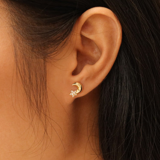 Tiny Moon Star Stud Earrings