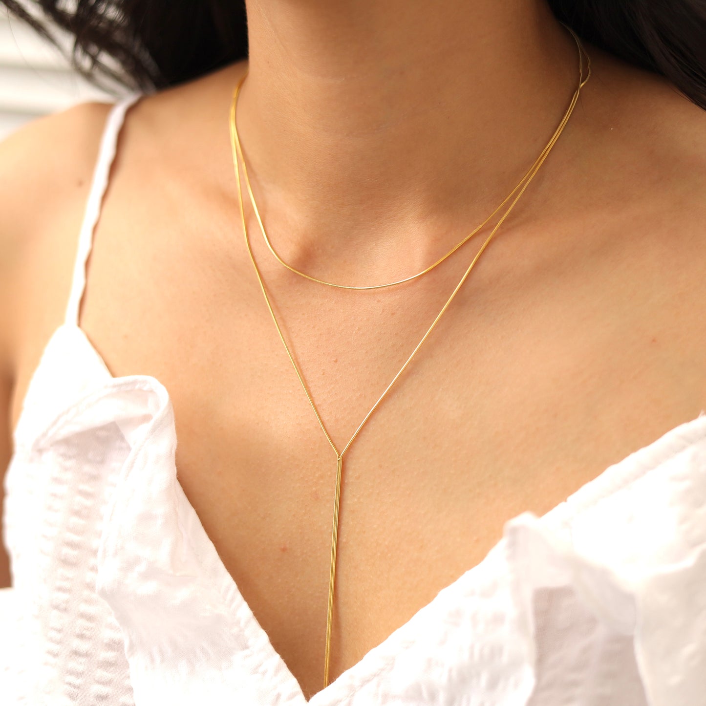 Long Layered Silver Y Shaped Necklace